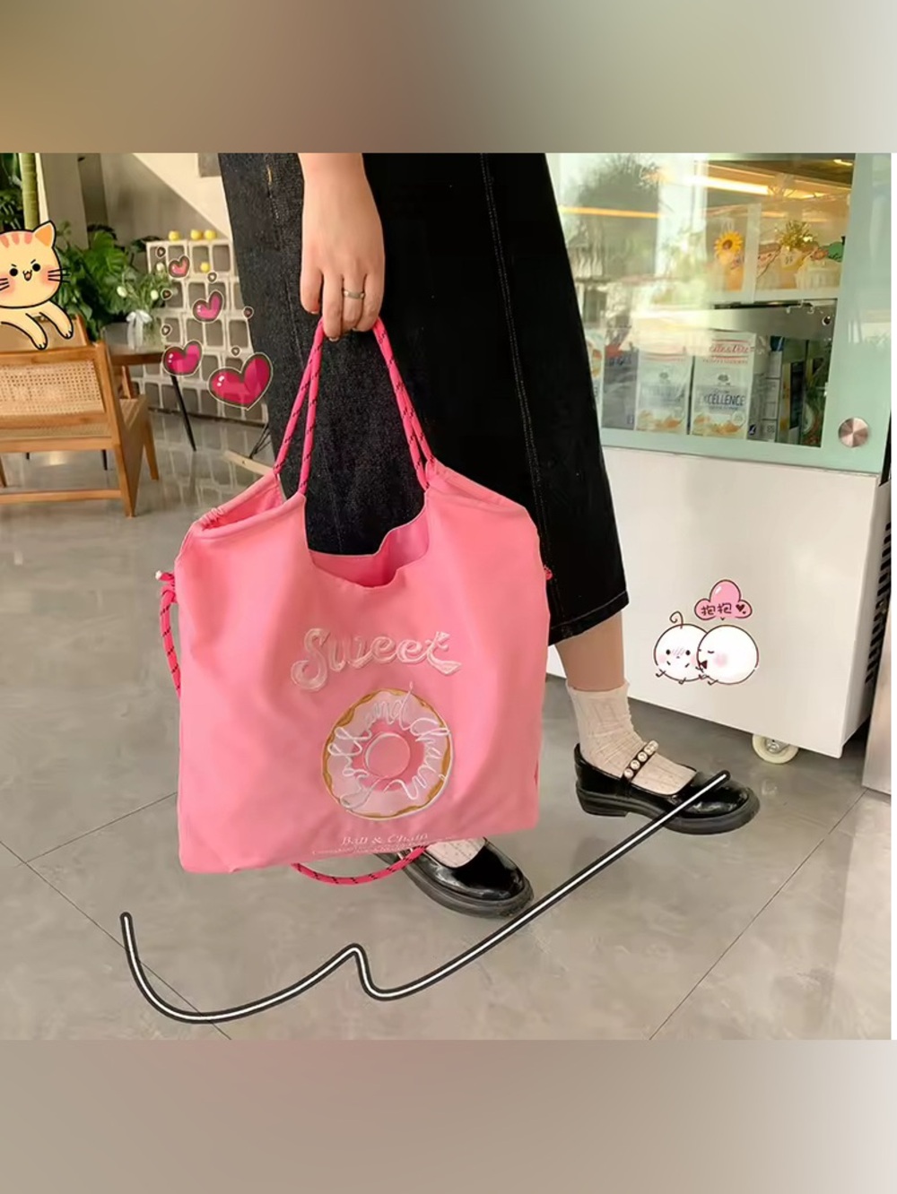 Korean Cute Graphic Donut Embroidered Tote Bag - Pink